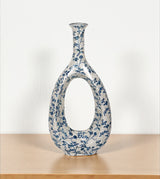 ceramic vase oval white & blue china 16.5x7.5