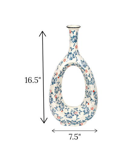 ceramic vase oval white & blue china 16.5x7.5