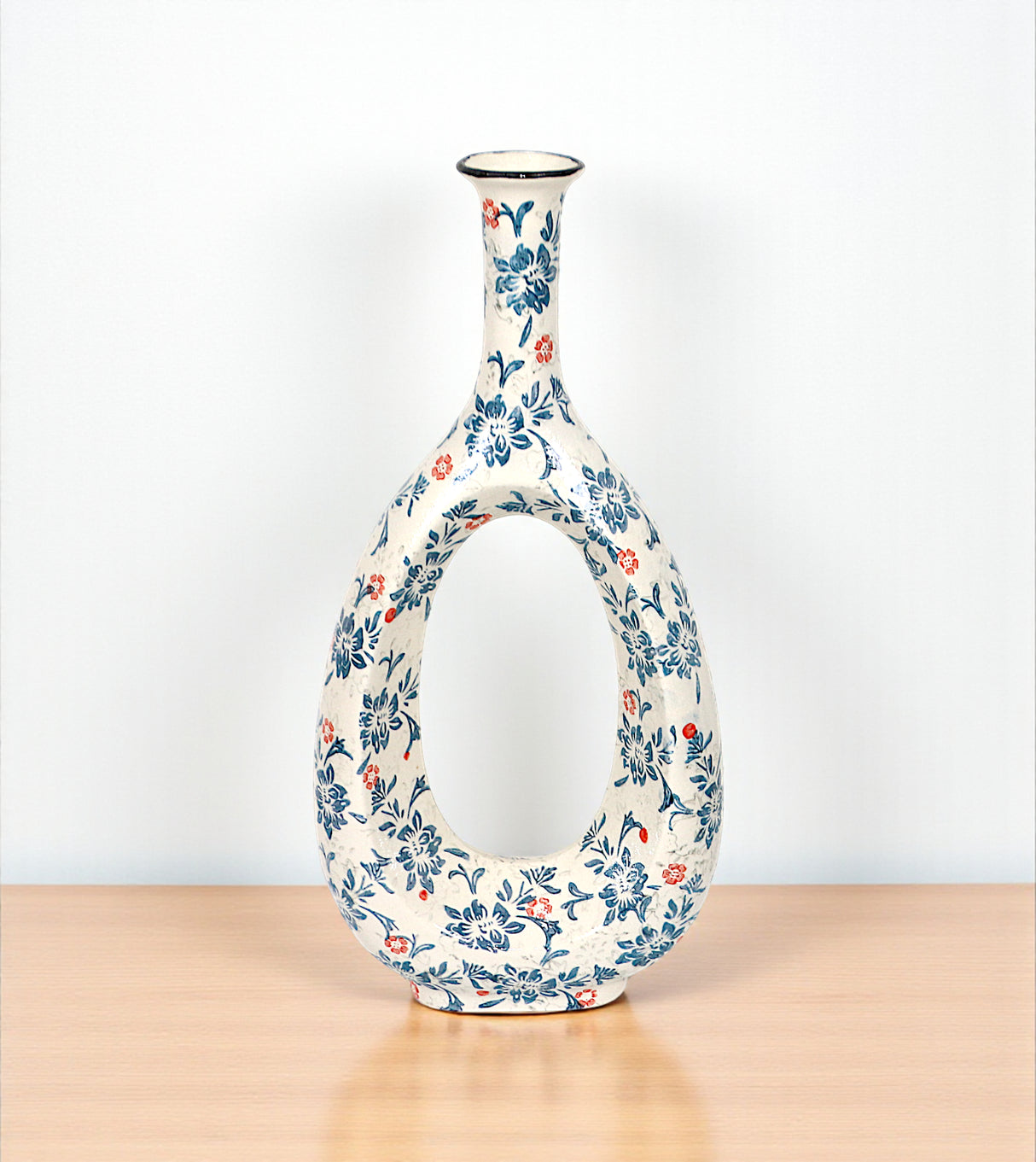 ceramic vase oval white & blue china 16.5x7.5
