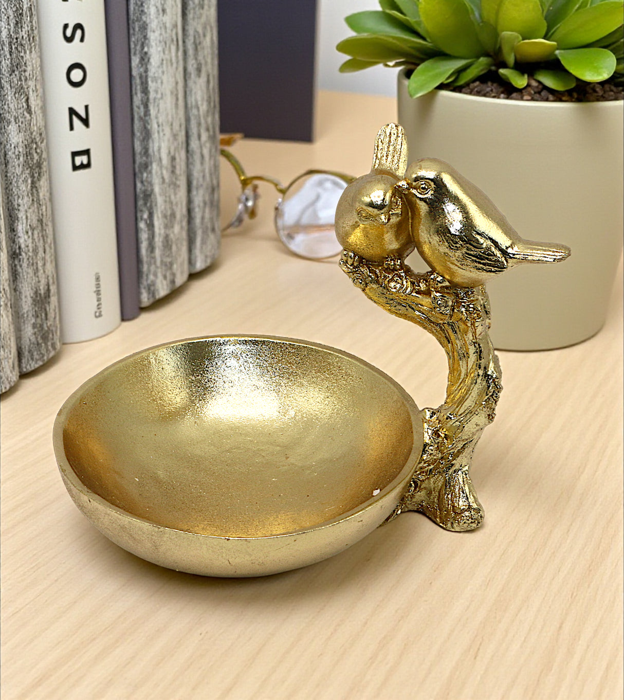 statue sparrow with bowl golden china 7"x7.4"
