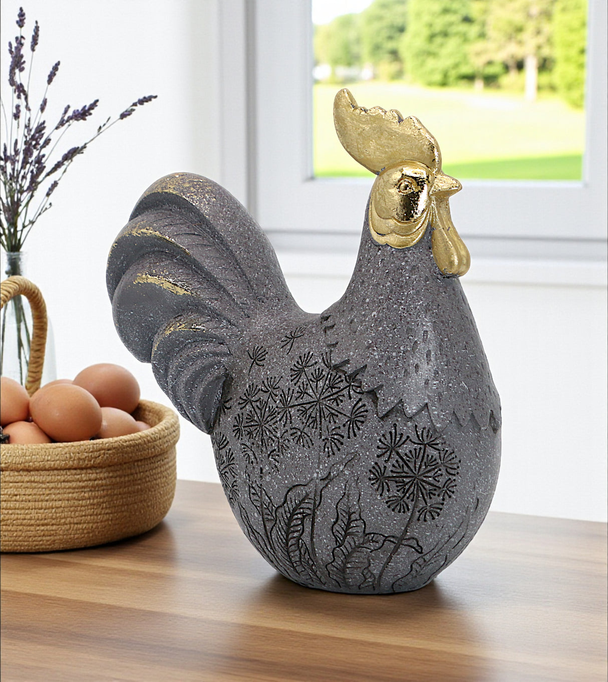 statue rooster gray & golden china 7.5"x7"