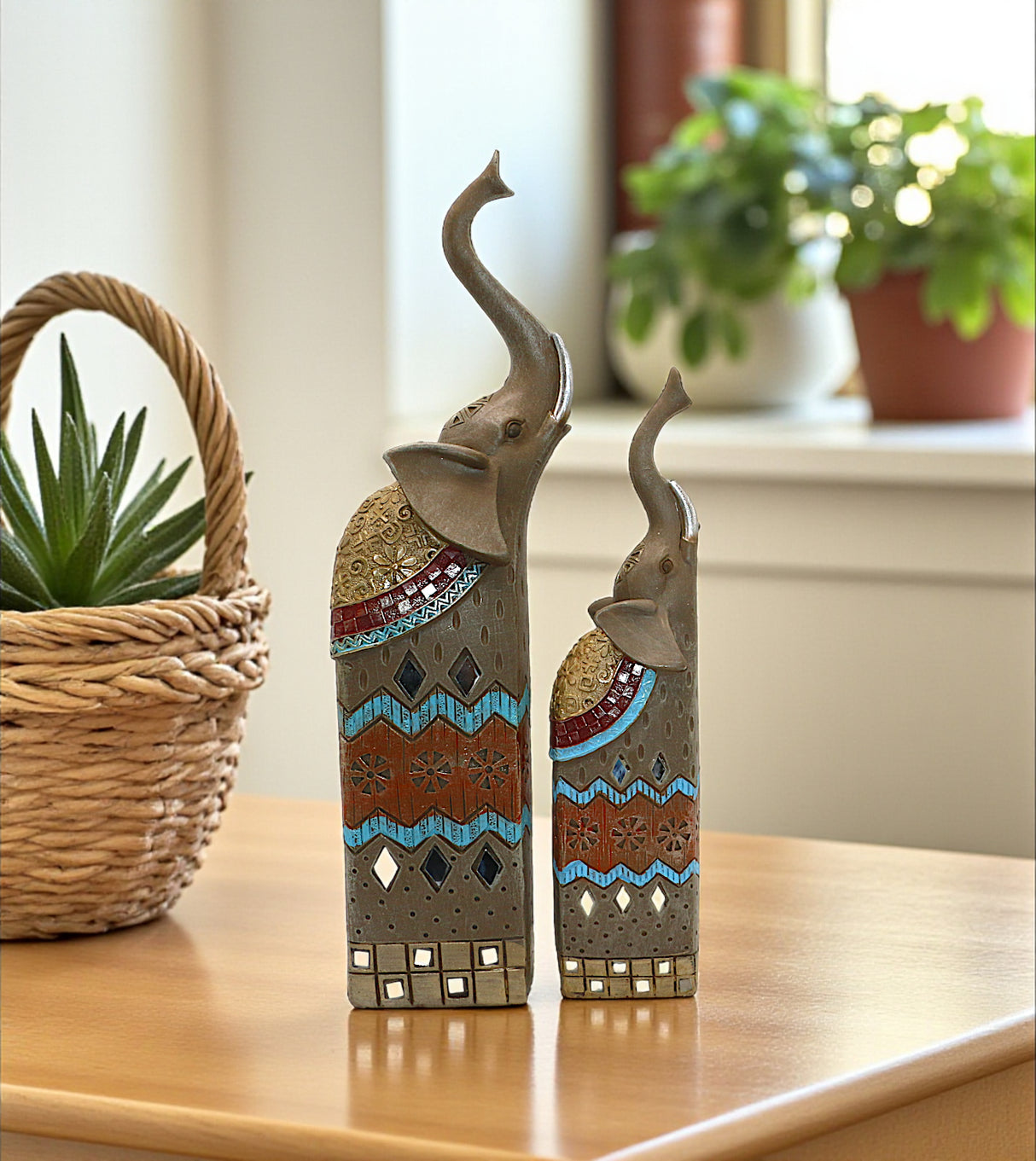 statue elephant 2pc brown with mini mirror china (13.6"x3") (10.2"x2.2")