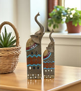 statue elephant 2pc brown with mini mirror china (13.6"x3") (10.2"x2.2")