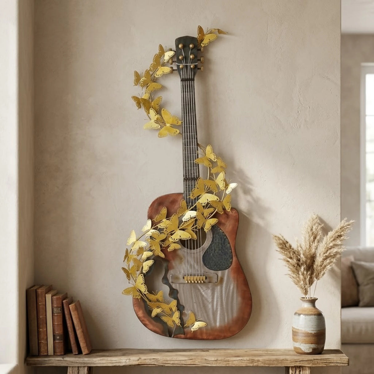 metal wall hanging guitar butterfly multi 47''x17'' china