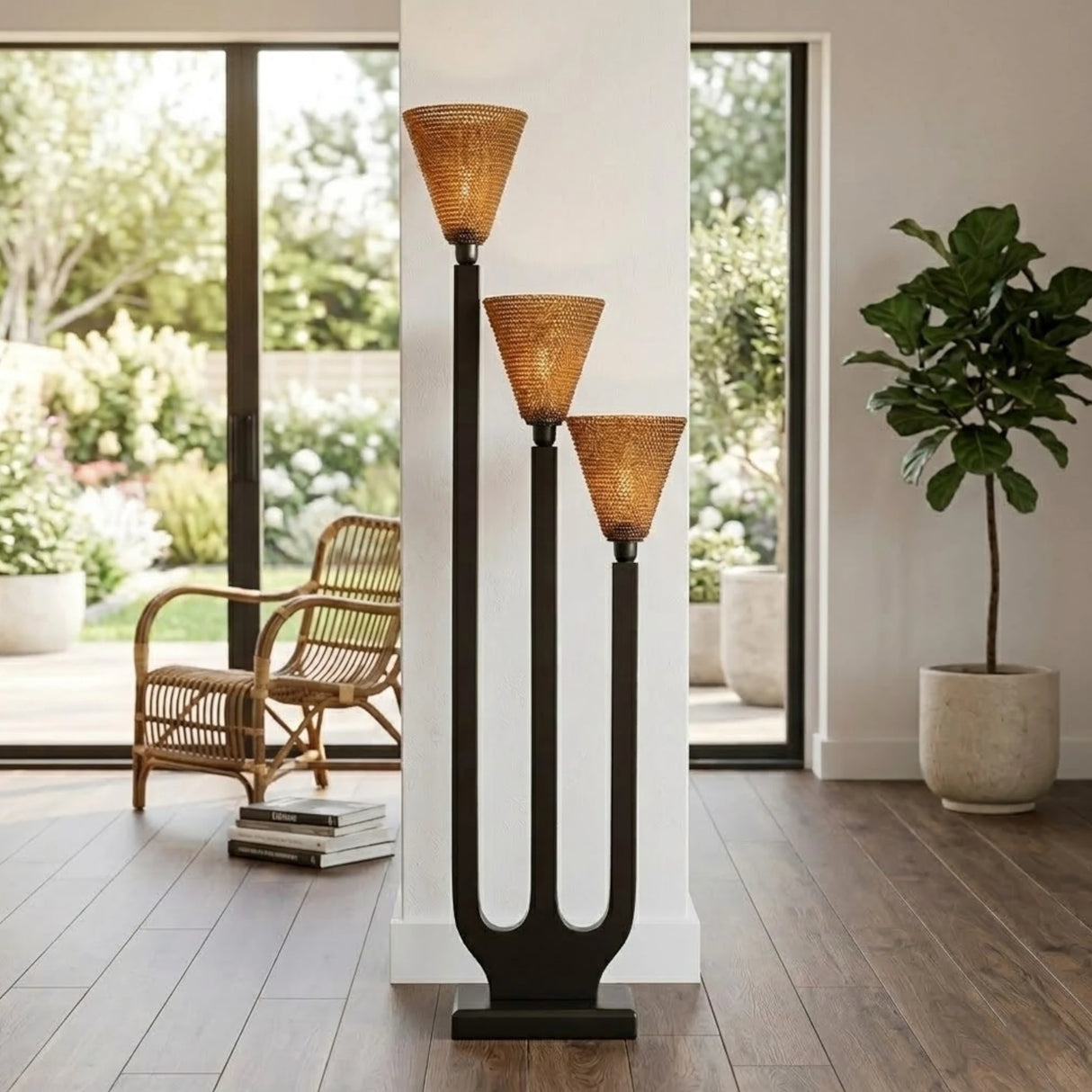 floor lamp wood triple arm u shaped 60''x12''