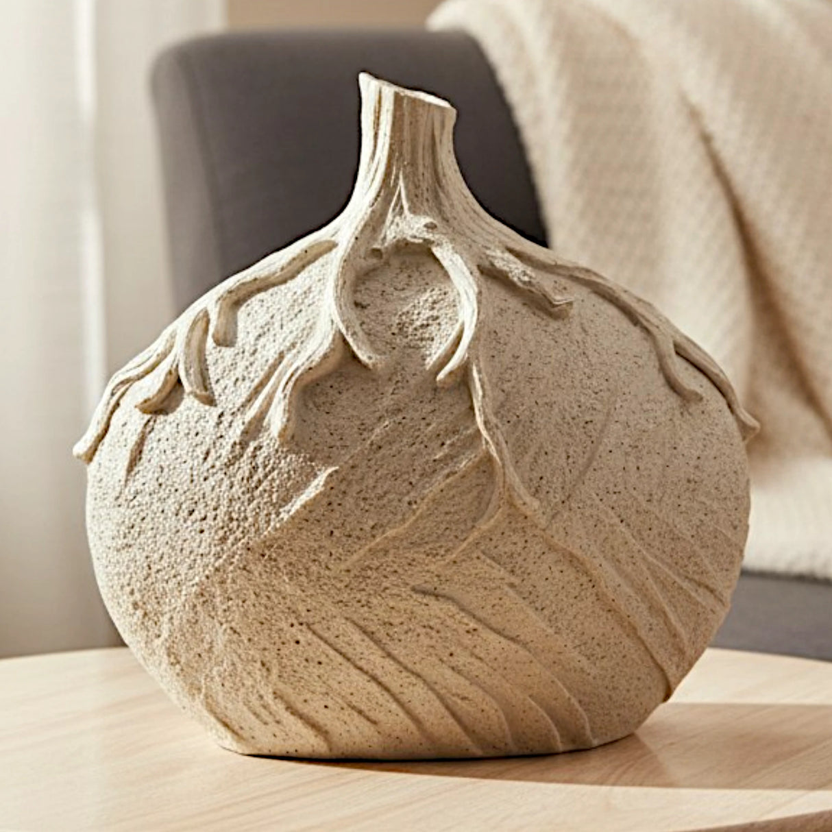 decorative leaf textured vase ceramic beige color  8"x8" china