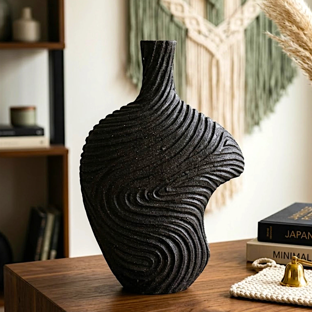 decorative asymmetric wave textured vase ceramic black color 12"x18" china