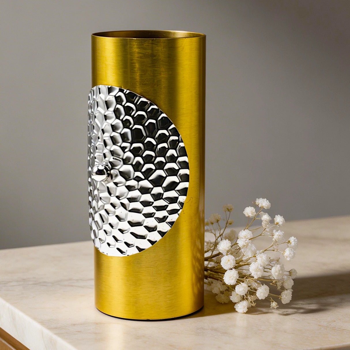 decorative metal vase with textured silver honeycomb medium china
