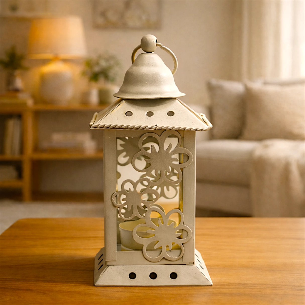 decorative metal hanging lantern off white china