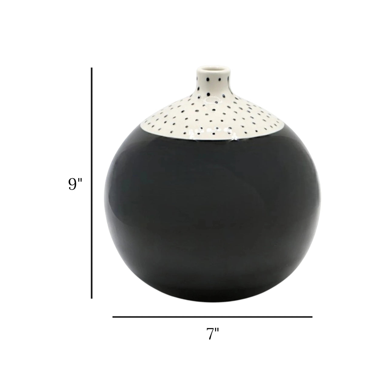 ceramic vase dots round white & black 9"x7" china