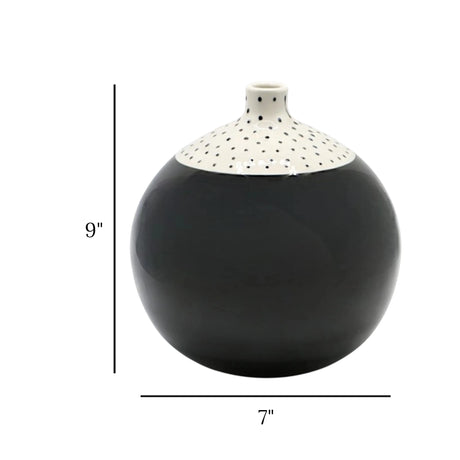 ceramic vase dots round white & black 9"x7" china