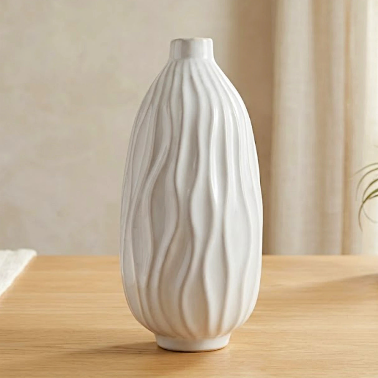 ceramic vase embosed textured wavy lines white 10"x5" china