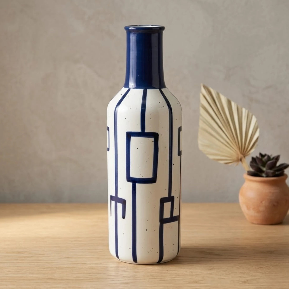 ceramic vase white & blue textured  geometric patterns 11''x4" china