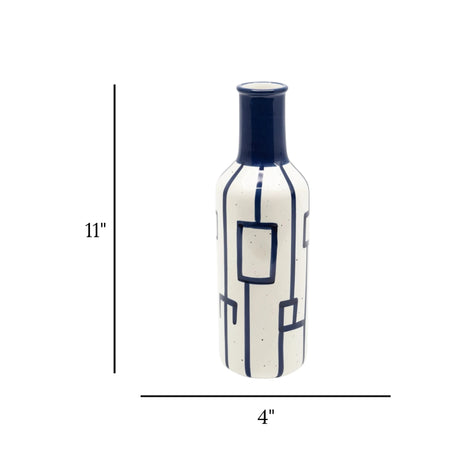 ceramic vase white & blue textured  geometric patterns 11''x4" china