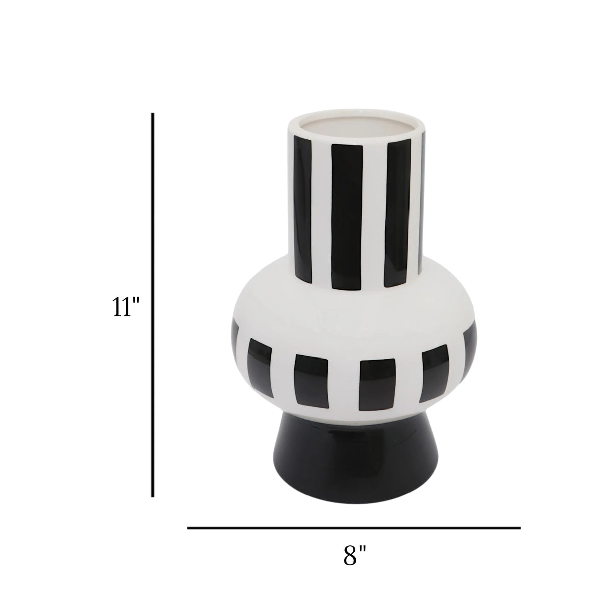 ceramic vase black & white striped 11"x8" china