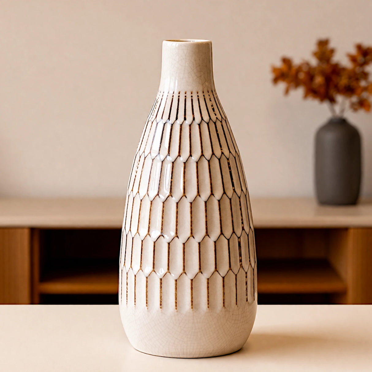 ceramic vase textured white 12"x5" china