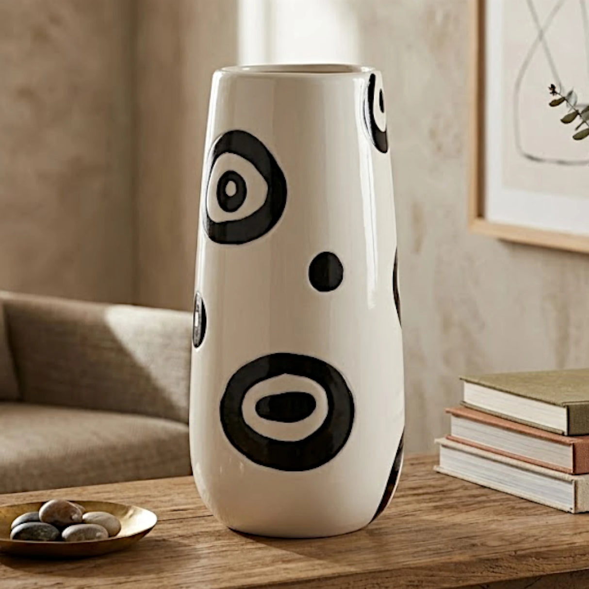 ceramic vase white base & black circular pattern 11''x5" china
