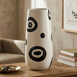 ceramic vase white base & black circular pattern 11''x5" china