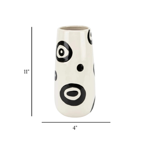 ceramic vase white base & black circular pattern 11''x5" china