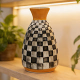 ceramic vase black & white checkered orange small 6"x4" china