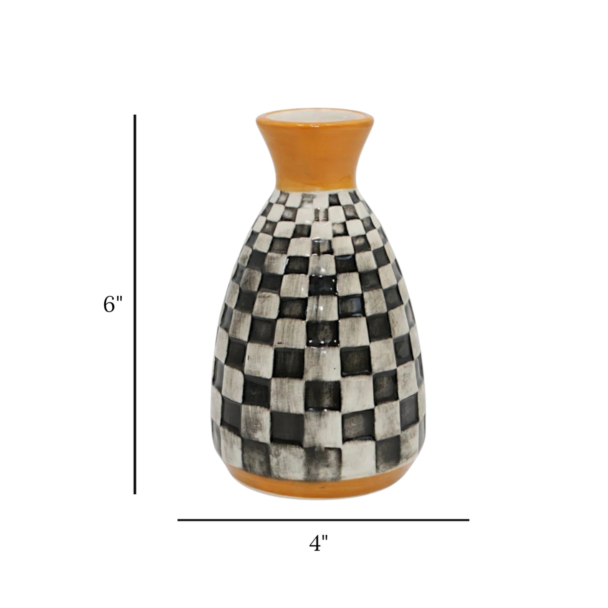 ceramic vase black & white checkered orange small 6"x4" china