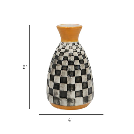 ceramic vase black & white checkered orange small 6"x4" china