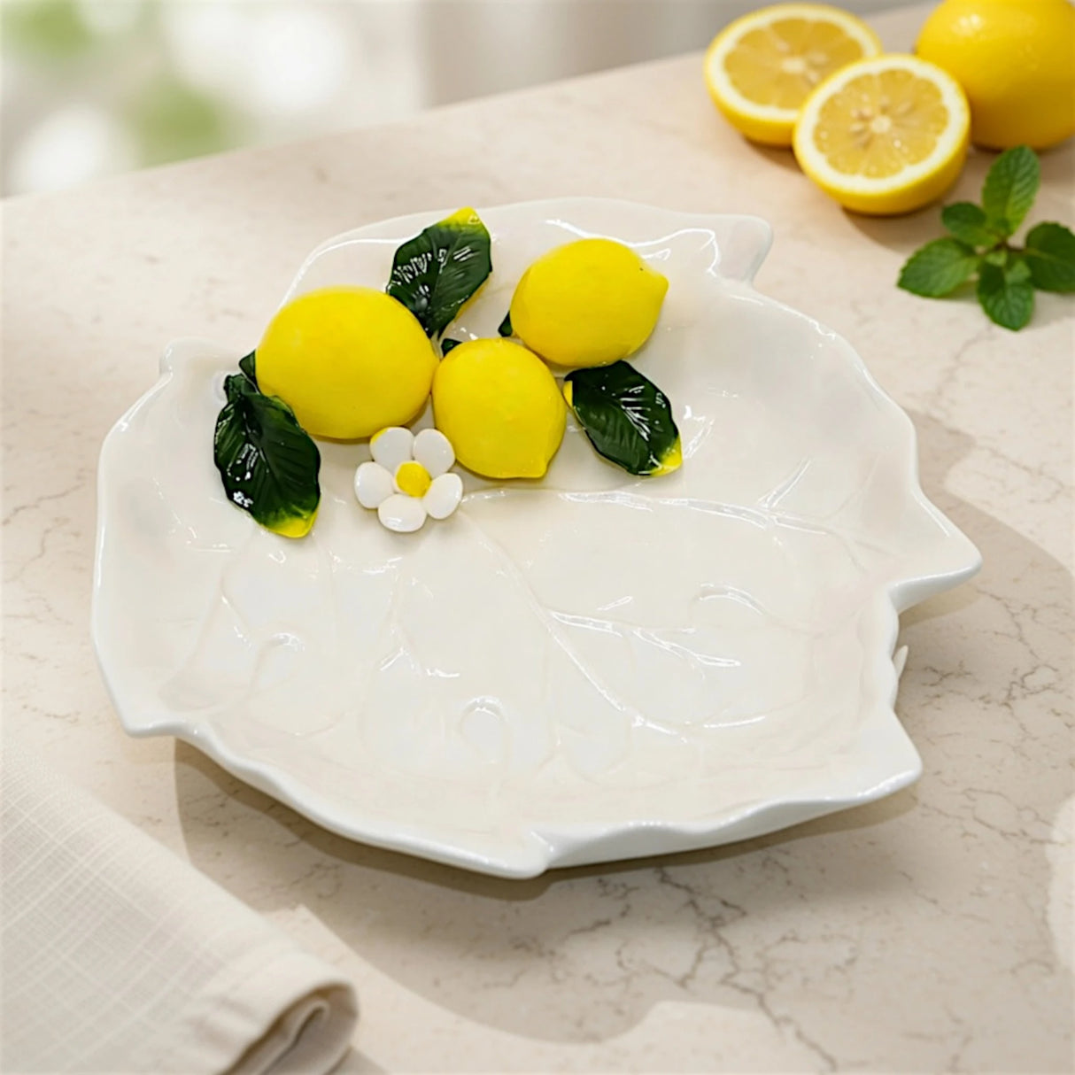 ceramic fruit dish leaf 3 lemon 7"x6" china