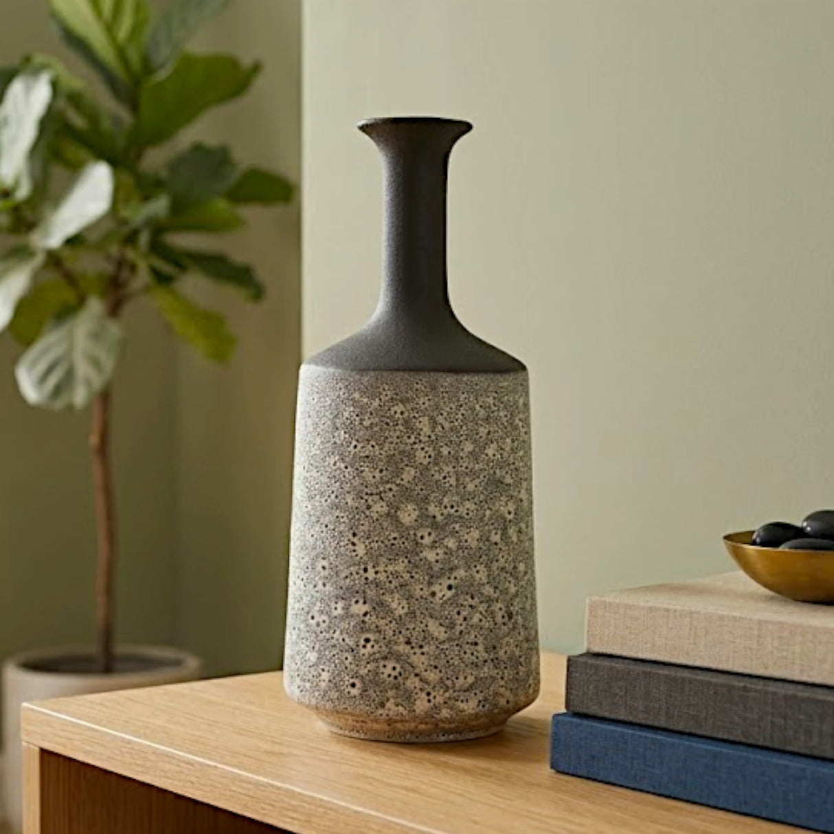 ceramic vase textured bubble-glaze black & white large 14"x6" china