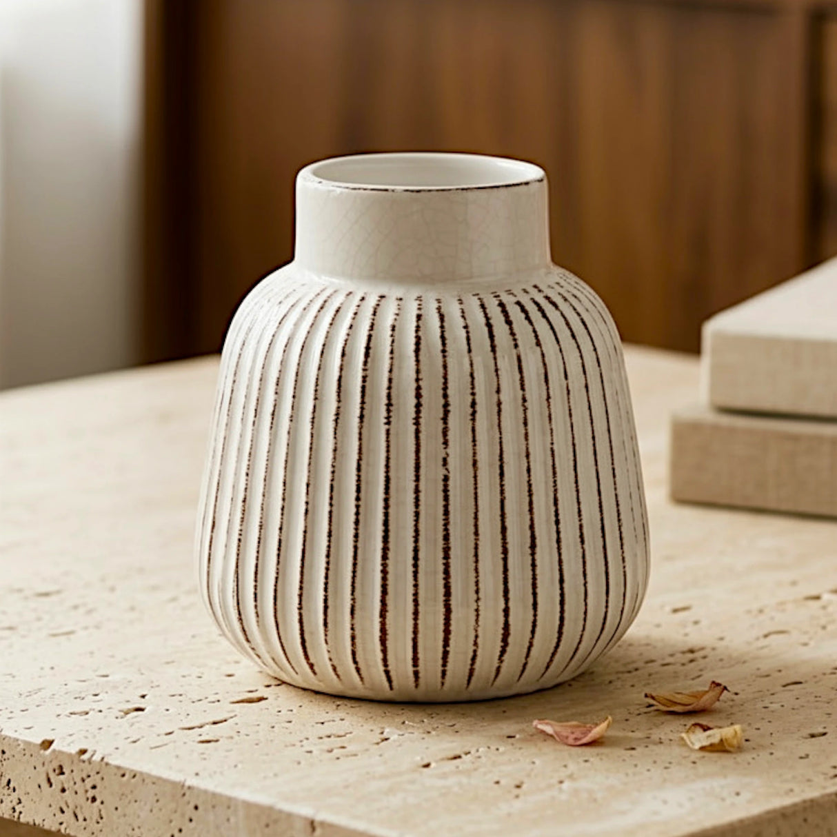 ceramic vase embosed textured off-white & brown lines 7"x6" china