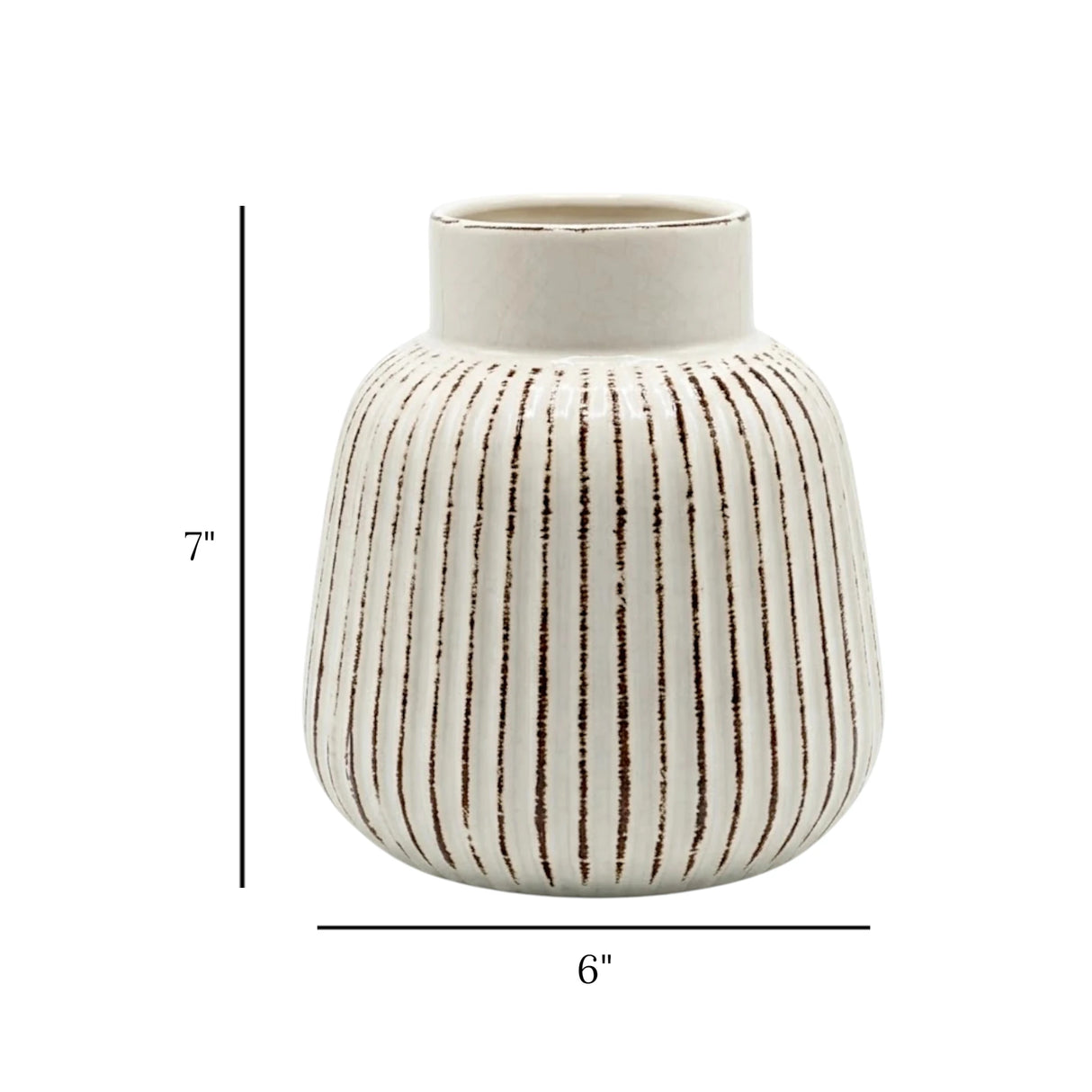 ceramic vase embosed textured off-white & brown lines 7"x6" china