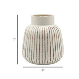 ceramic vase embosed textured off-white & brown lines 7"x6" china