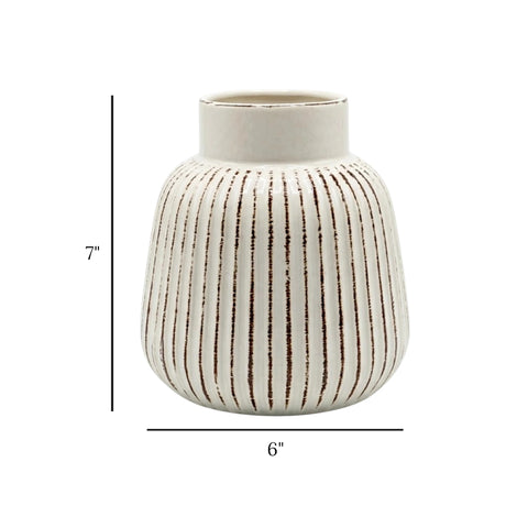 ceramic vase embosed textured off-white & brown lines 7"x6" china