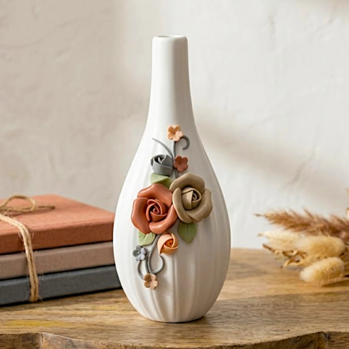 ceramic vase embosed multi flower 8.5"x4.5" china