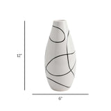 ceramic vase textured white base with black abstract lines large 12"x6" china