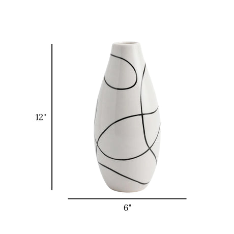 ceramic vase textured white base with black abstract lines large 12"x6" china