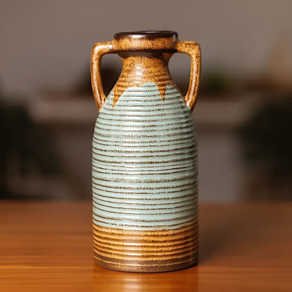 ceramic vase 2 tone textured handle brown & green large 12"x5.5" china