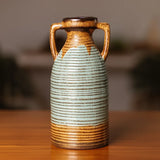 ceramic vase 2 tone textured handle brown & green large 12"x5.5" china