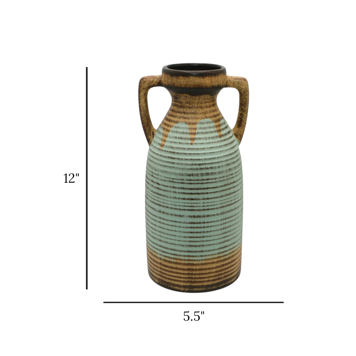 ceramic vase 2 tone textured handle brown & green large 12"x5.5" china