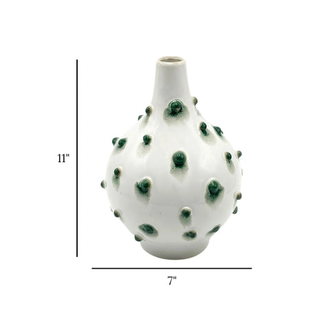 decorative ceramic vase doted white & green 11''x7" china