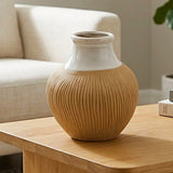 ceramic vase textured lines white & brown 8.2"x7" china