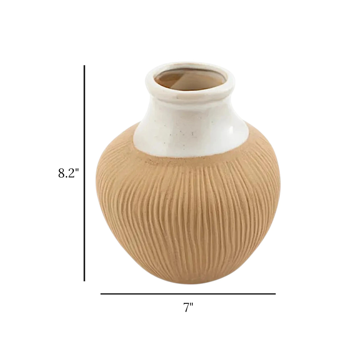 ceramic vase textured lines white & brown 8.2"x7" china