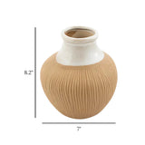 ceramic vase textured lines white & brown 8.2"x7" china