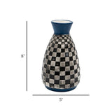 ceramic vase black & white checkered blue large 8"x5" china