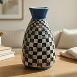 ceramic vase black & white checkered blue large 8"x5" china