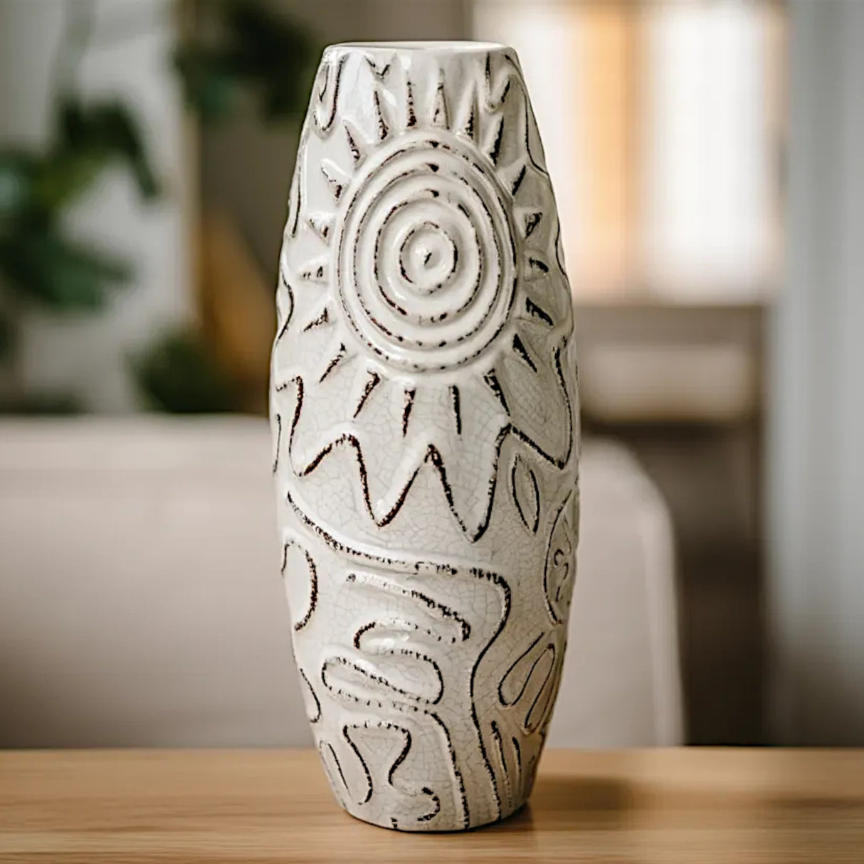 ceramic vase hand-carved floral pattern white 12"x5" china