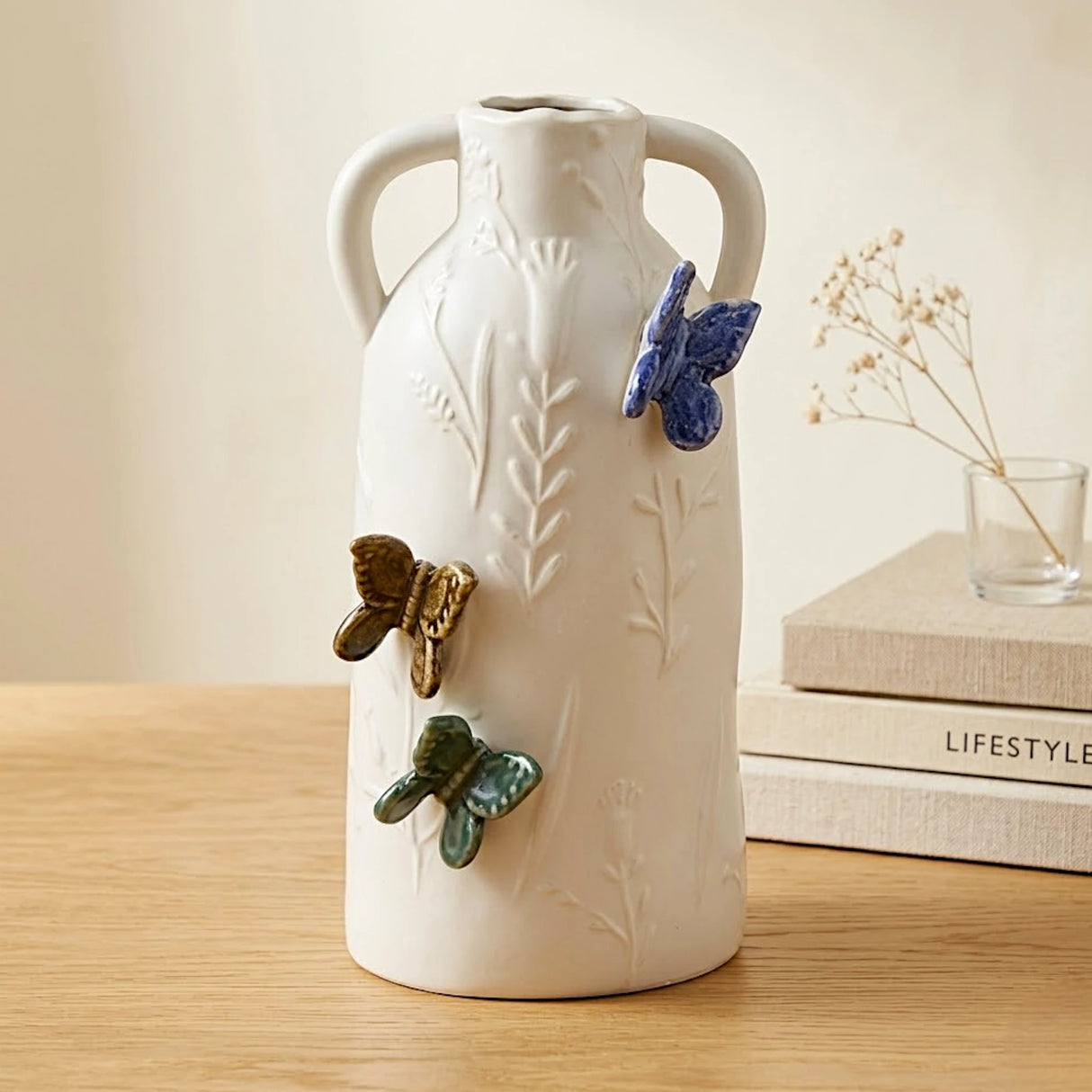 ceramic vase embosed butterfly white large 14"x7" china