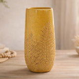 ceramic vase embosed textured leaf yellow 10"x5" china
