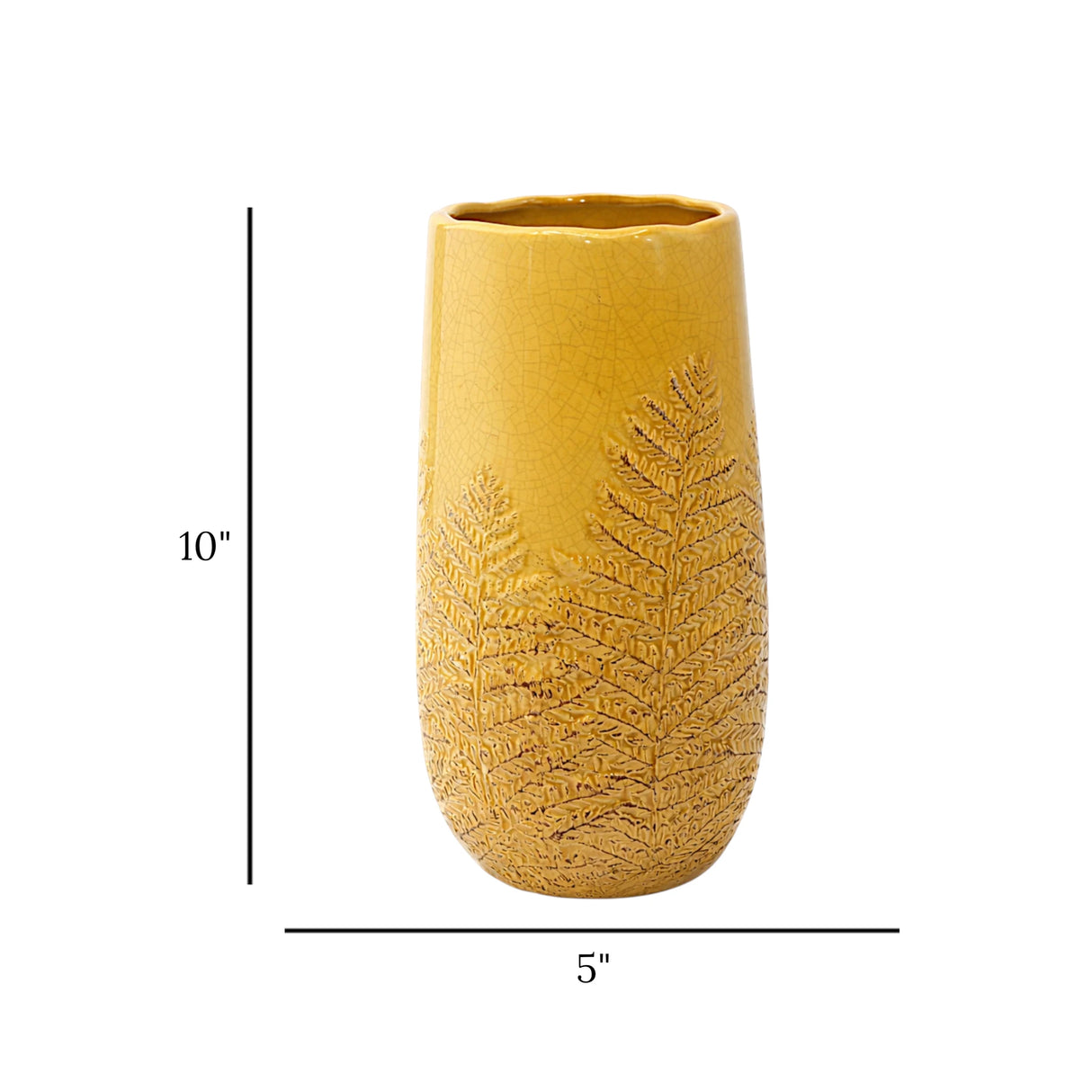 ceramic vase embosed textured leaf yellow 10"x5" china