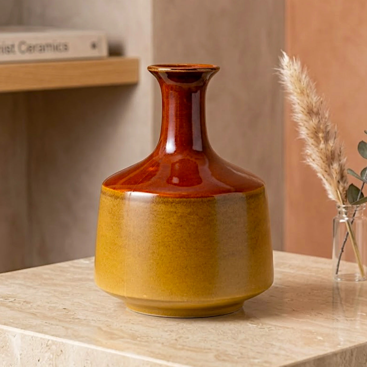 ceramic vase narrow neck rounded body 2tone glaze 9"x7" china