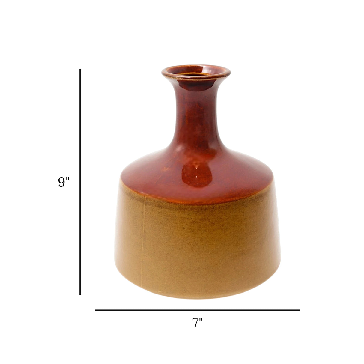 ceramic vase narrow neck rounded body 2tone glaze 9"x7" china